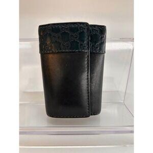 GUCCI Black‎ Leather Monogram Key Holder Case 6 Hooks Snap Closure